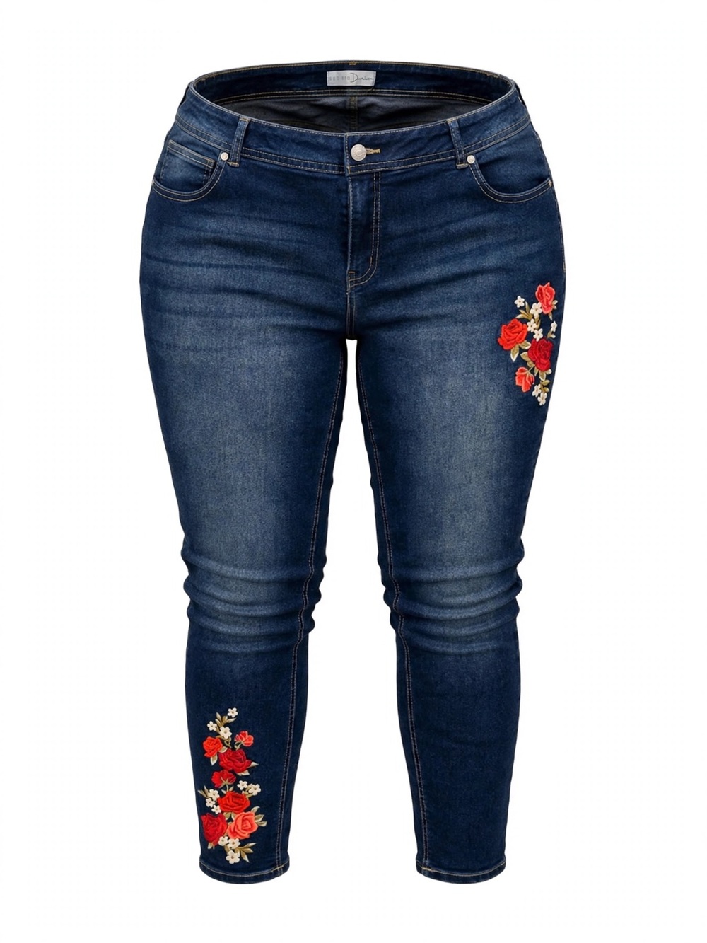 Dark Blue Skinny Jeans with Red Floral Embroidery